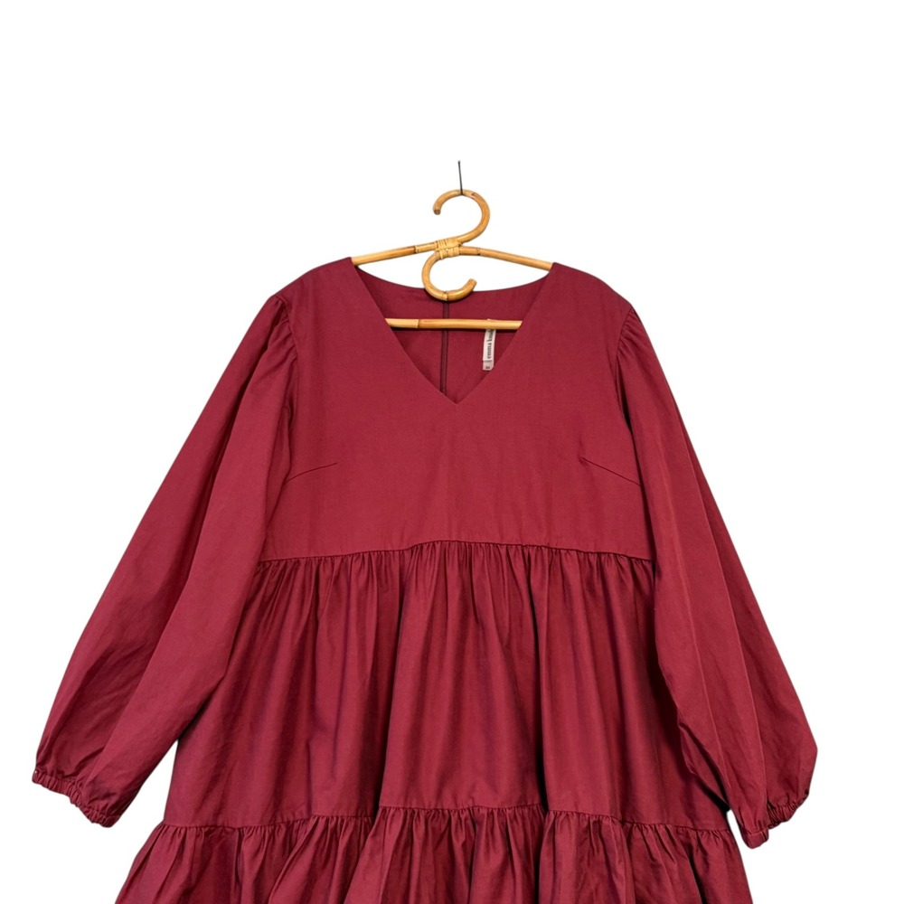 Emma Knudsen | Frankie Burgundy Tiered Babydoll V-Neck Long Sleeve Dress Size 2X - Picture 3 of 13